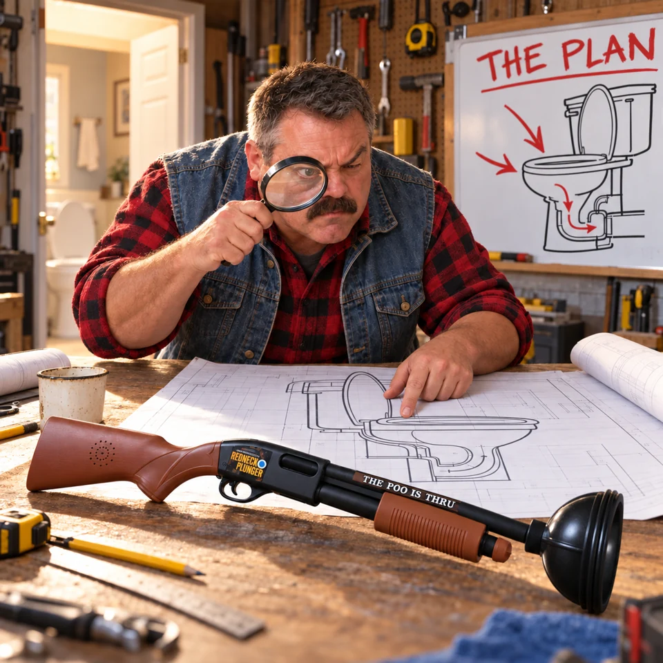 A man studies toilet blueprints with a magnifying glass, with Redneck Plunger on the workbench and a whiteboard labeled The Plan.