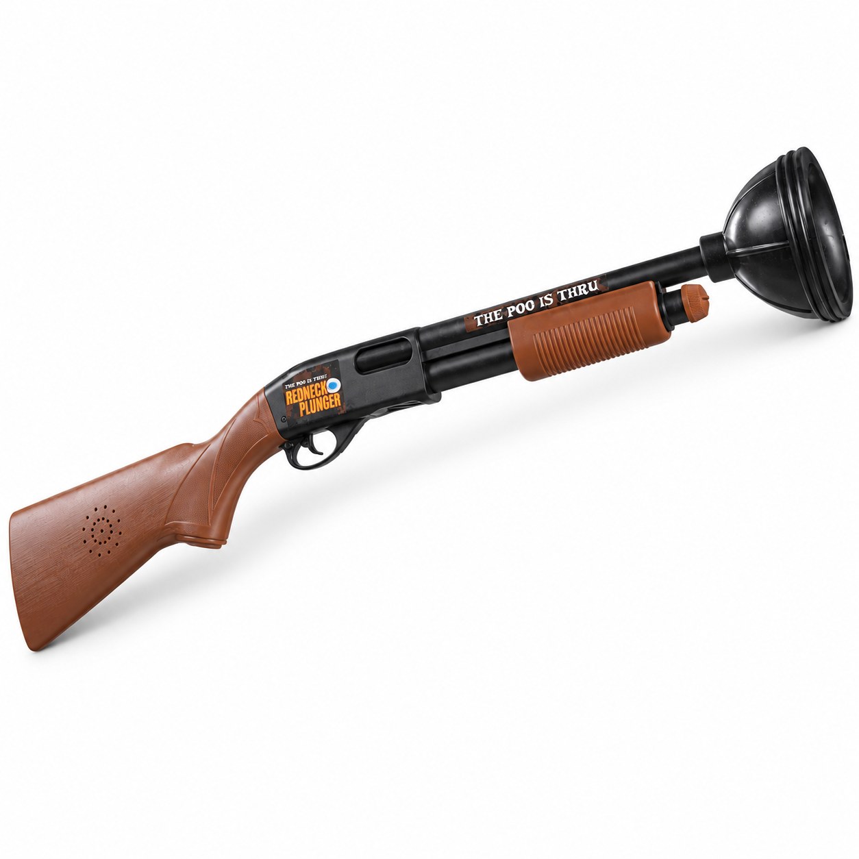 Redneck Plunger with brown stock and pump grip, black body and black plunger cup.